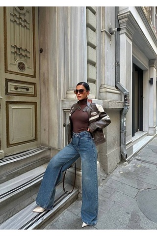Meecy Tint Yeşili Kadın Wide Leg Jean Yüksek Bel Palazzo Likralı Esnek Kot Pantolon Mavi Mavi