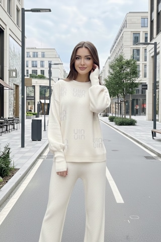 Newco Taş Baskılı Kadın Alt Üst Takım Oversize Kazak Pantolon Set Bej