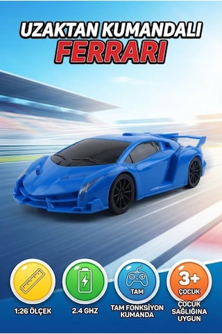 TıfılToys Uzaktan Kumandalı Ferrari Hızlı Mavi Araba 1:26 Ölçek 18 Cm İleri Ve Geri Hareketli Oyuncak Araba