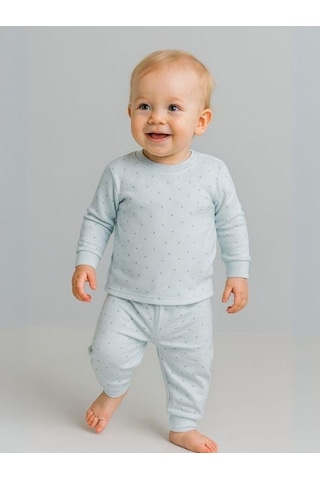 Çocuk Pamuklu Çiçek Desenli Pijama Takımı-16051 Mavi