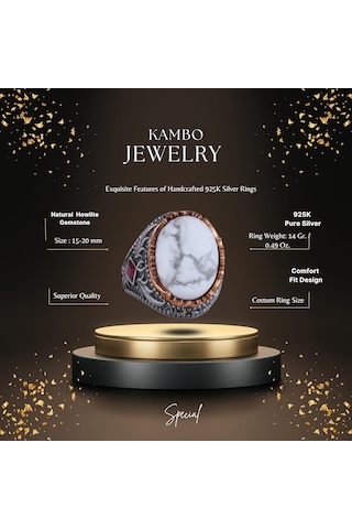 Gerçek Doğal Taş Yüzük - El Yapımı 925 Ayar Gümüş Yüzük - El Yapımı Yüzük Howlite Gümüş