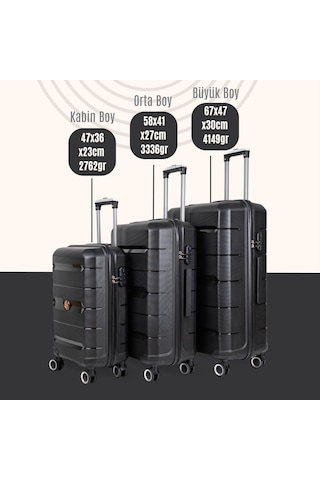 Npo Diamond Pp Polipropilen Kabin, Orta Ve Büyük Boy 3'lü Kırılmaz Valiz Seti-siyah Siyah