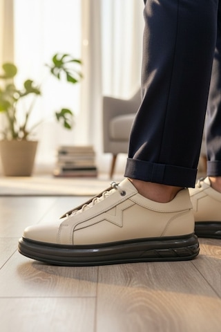 Enoch Hakiki Deri Yıldız Detaylı Günlük Erkek Sneaker Yüksek Comfort Taban Bej