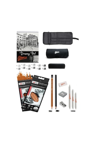 Eskiz Defteri A5 120 Gr 50 Yp Professional Dereceli Kalem Set 12 Li Rulo Bez Çantalı Eskiz Seti