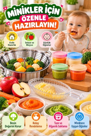 3'lü Bebek Ek Gıda Seti Buharda Sebze Pişirme Aparatı Cam Elma Rendesi 4'lü 175 Ml Mama Saklama Kabı