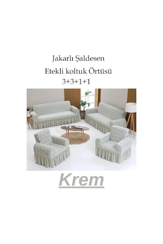 StarMall Jakarlı Şaldesen Koltuk, Kanepe, Çekyat Örtüsü Esnek 3311 Takım Krem