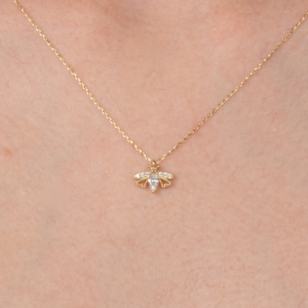 Gümüş Kolye - Oval Zirkon Taşlı Arı 925 Ayar Gümüş Kolye Sarı