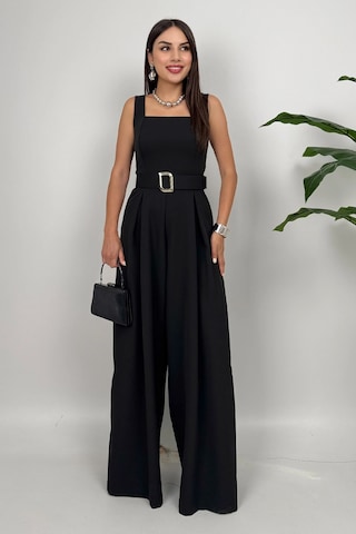 Noir Flow Kadın Siyah Kemerli Askılı Bol Paça Tulum Zarif Şıklık Siyah