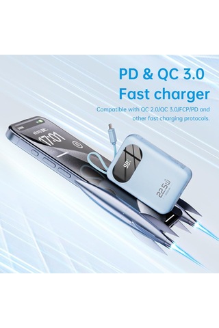 Y11 Mini Pd 22.5w 20000 Mah Dijital Ekran Göstergeli Dahili Kablolu Power Bank, Beyaz