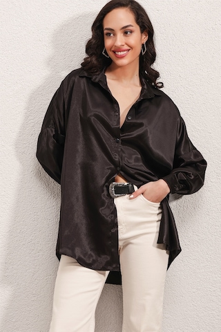Bigdart 3985 Oversize Saten Gömlek - Siyah 001