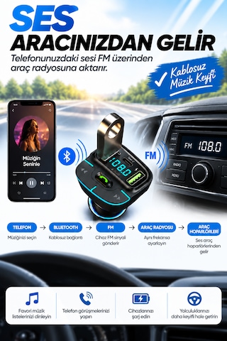 Bluetooth Fm Transmitter Araç Kiti Usb Type-c Hızlı Şarj Hd Mikrofon