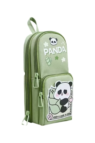 Panda Baskılı Kalem Çantası Yeşil Kalem Kutu Yeşil