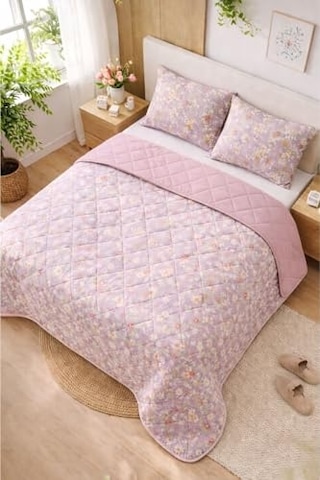 Formeya Kapitoneli Çift Kişilik Desenli Pike - Yatak Örtüsü Takımı 200x230 Cm - 2 Adet Yastık Kılıflı Lila Mor Açık Indigo