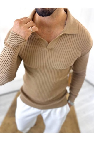 Elku Moda Kazak Slim Fit Polo Yaka Fitilli Yumuşak Dokulu Tüylenmez Sweatshirt Kahverengi