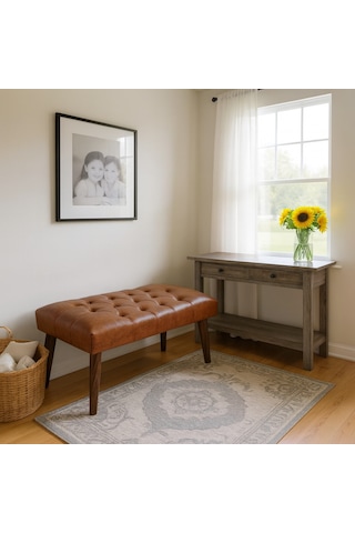 Bench - Deri Kumaş - 45x90 - Ahşap Ayaklı Modern Bank - Taba