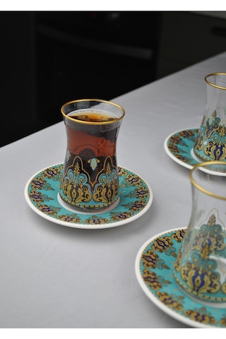 12 Parça 6 Kişilik Lüx Cam Çay Seti Gold Detaylı Altın Renk İşlemeli Lüks Çay Takımı Turkuaz