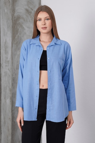 Paw Garage Kadın London Keten Tek Cepli Oversize Gömlek, Premium Kalite Keten Gömlek Mavi