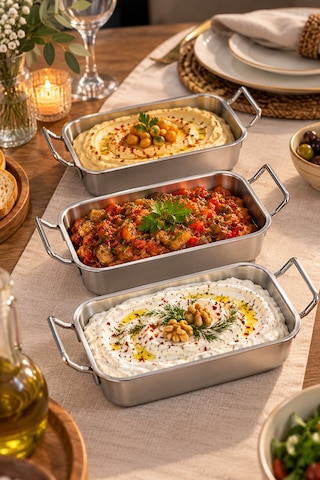 3 Lü Paslanmaz Çelik Mini Sunumluk Seti Kulplu Meze, Kahvaltılık Ve Sos Servis Tabağı Gümüş
