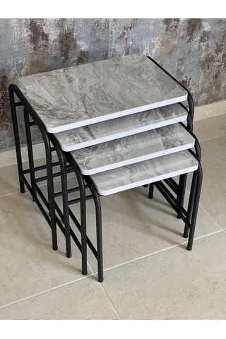 Aslanstore 4'Lü Metal Zigon Sehpa Gri Mermer