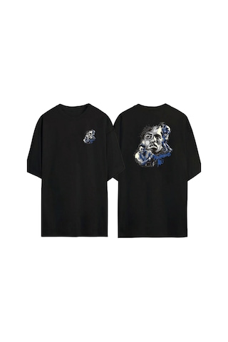 Thewert Unisex Muhammed Ali Yüzü Ön Arka Baskılı Sıyah Oversize T-shirt Siyah