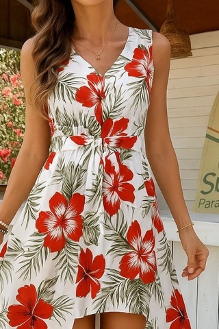 Soonaksesuar Kadın Kolsuz V Yakalı Desenli Süprem Tulum Elbise Çok Renkli