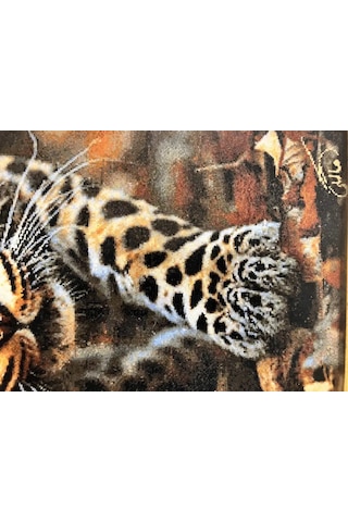 İran El Dokuma Tablo Halı Avcı Leopar Figürlü 44x76 Cm Leopard