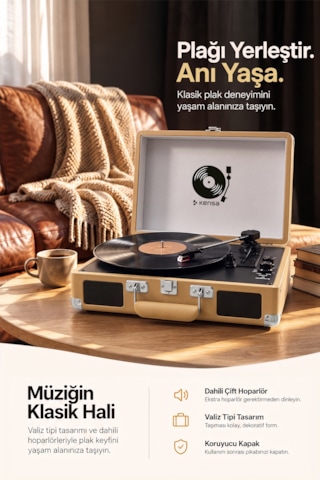 Kensa Bluetooth Lu Nostaljik Çantalı Pikap 33/45/78 Devir Dahili Bataryalı Plak Çalar Standart