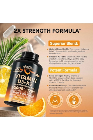 D3 10,000 Iu & K2 120 Mcg With Magnesium, Zinc & Vitamins 120 Capsules