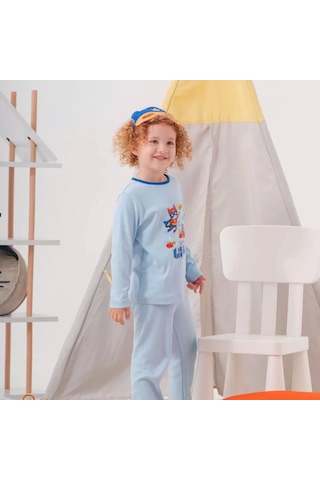Süper Heros Çanta Ve Maskeli % 100 Pamuk Erkek Çocuk Pijama Takımı Mavi