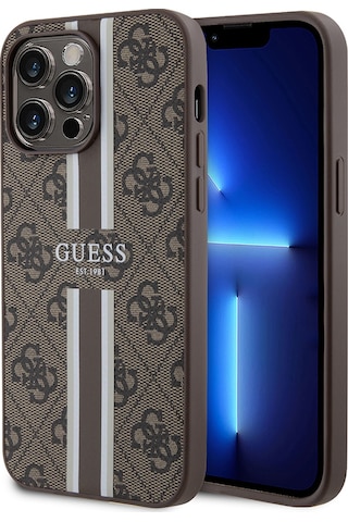 Apple Uyumlu iPhone 14 Pro Max Kılıf Guess Lisanslı Magsafe Şarj Özellikli 4g Şerit Tasarımlı Printed Kahverengi