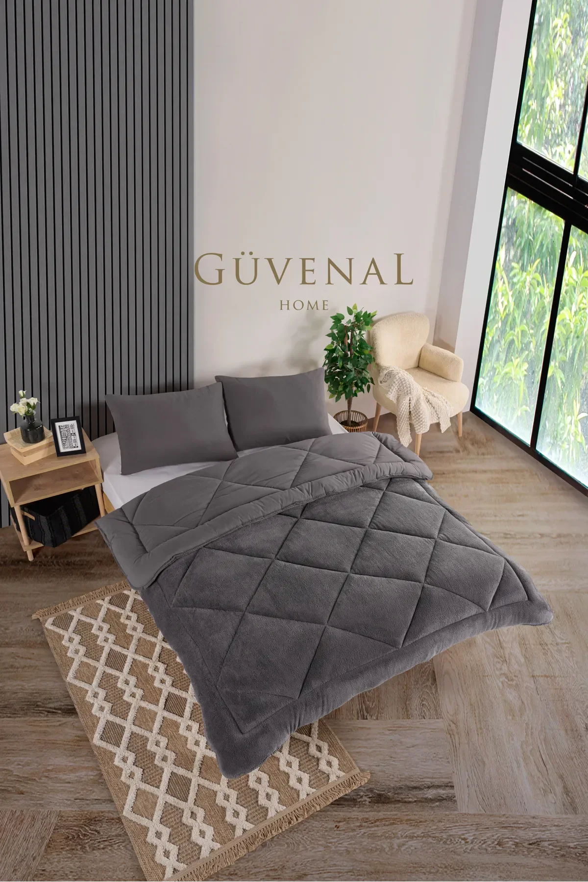Güvenal Elite Wellsoft Çift Kişilik Çift Taraflı Yastık Kılıflı Lüx Yorgan Seti Yorgan Uyku Seti Çeyiz Antrasit