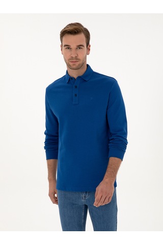 İndigo Regular Fit %100 Pamuk 3 İplik Polo Yaka Sweatshirt Mavi