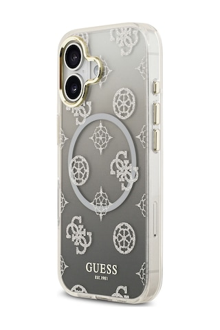 Apple Uyumlu iPhone 17 Kılıf Guess Lisanslı M-safe Şarj Özellikli Simli Peony Desenli Silikon Kapak Siyah Siyah