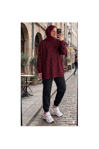 Butik Kadın Taş İşlemeli Gunlük Tesettür Sweatshirt Tunik Bordo Tesettür Sweatshirt Bordo Tesettür Sweatshirt