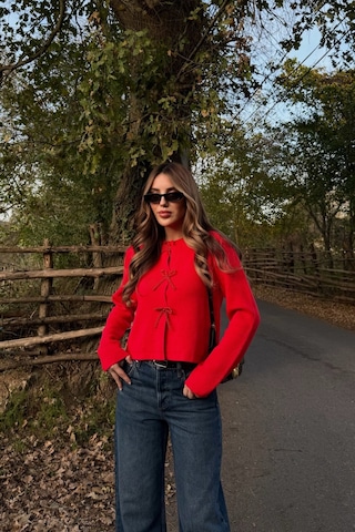 Kırmızı Fiyonk Boncuk Detaylı Hırka - 251072 Kırmızı