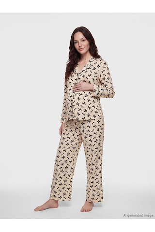 Lcw Dream Bej Gömlek Yaka Fiyonk Baskılı Hamile Pijama Takımı