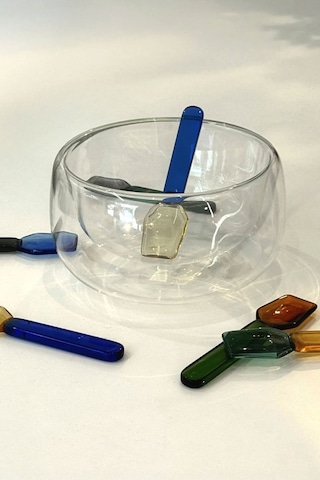 İronika 6lı Renkli Cam Kaşık Borosilikat Isıya Dayanıklı Özel Tasarım Çay Kahve Tatlı Kaşığı Altıgen Açık Mavi