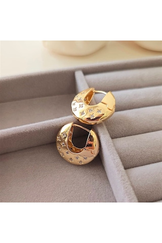 Yıldız Taşlı Oval Halka Çelik Küpe Altın