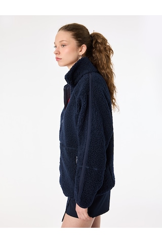 Koton Uzun Kollu Dik Yaka Cep Detaylı Fermuarlı Oversize Peluş Ceket Lacivert 6wmg60028ık