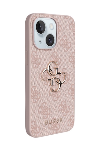Apple Uyumlu iPhone 15 Plus Kılıf Guess Lisanslı Pu 4g Büyük Metal Logolu Çapraz Vücut Askılı Kapak Pembe Pembe