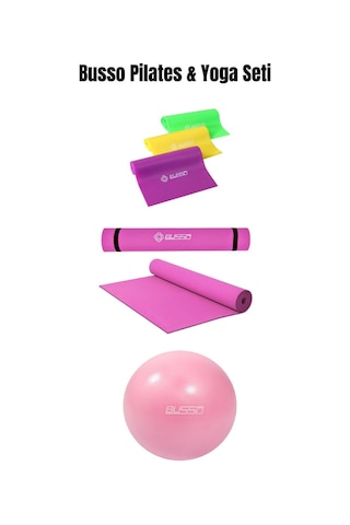 Busso Pilates ve Yoga Minderi 173 x 61 x 4 MM + 20 CM Pilates Topu + 120 CM 3'lü Pilates Bandı Pembe