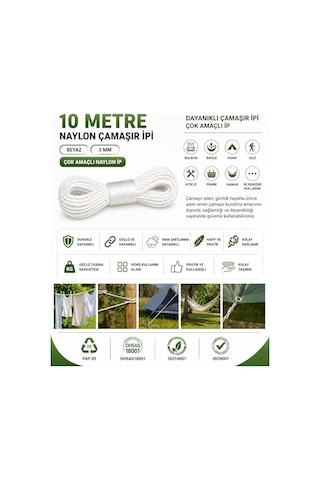 10 Metre Beyaz Naylon İp 3 Mm, Çok Amaçlı Dayanıklı Çamaşır İpi, Kamp Bahçe Balkon Hamak Ve Taşıma Sabitlem Çok Renkli