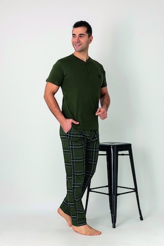 Estiva Erkek Kareli Alt Desenli Haki Kısa Kollu Patlı Penye Pijama Takımı Çok renkli