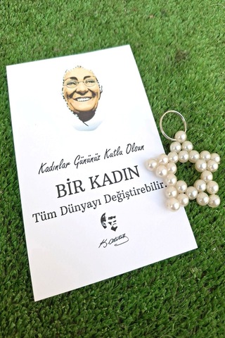 10 Adet Kadınlar Günü Zübeyde Hanım Kartlı İnci Yıldız Anahtarlık - Kadınlar Günü Hediyesi Jelatinli Beyaz