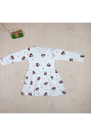 Momikon Kız Çocuk Minnie Mouse Baskılı Kısa Kollu Pamuklu Beyaz Elbise Beyaz