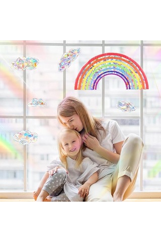 Güneş Yakalayıcı Etiketler Gökkuşağı Bulutu Pencere Etiketleri, 6 Adet Yapışkansız Prizma Vinil Çıkartma Çarpışma Önleyici Pencere Yapışkanları Ev Dekorasyonu Pencere Filmi Cam İçin Çok Renkli