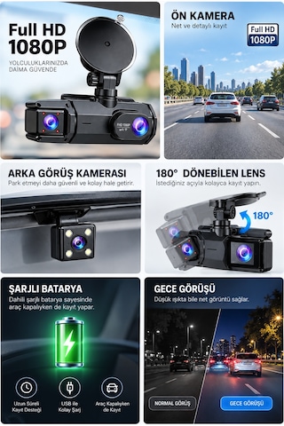 Ön Arka Kayıt 1080p Full Hd 180 Geniş Açı Şarjlı Kullanım - Lisinya Standart