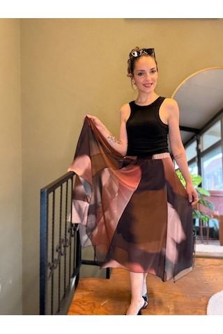 Ali Butik Kahve Batik Desen Asimetrik Şifon Etek