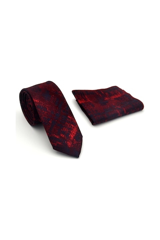Gaffy Lacivert Kırmızı Desenli Bordo Dokuma Kumaş Mendilli Slim Fit Kravat // Sdk-2608-4 Bordo
