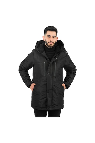 Erkek Polarlı Su Ve Rüzgar Geçirmez Kapüşonlu Kışlık Mont & Kaban & Parka Siyah